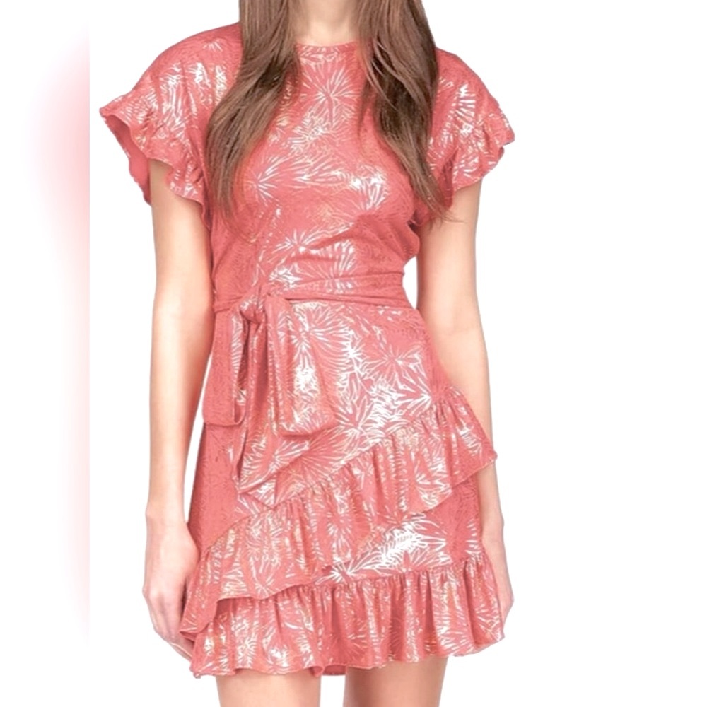 NWT MICHAEL Michael Kors Short Sleeve Sangria Gold Foil Flounced Wrap Dress TB6